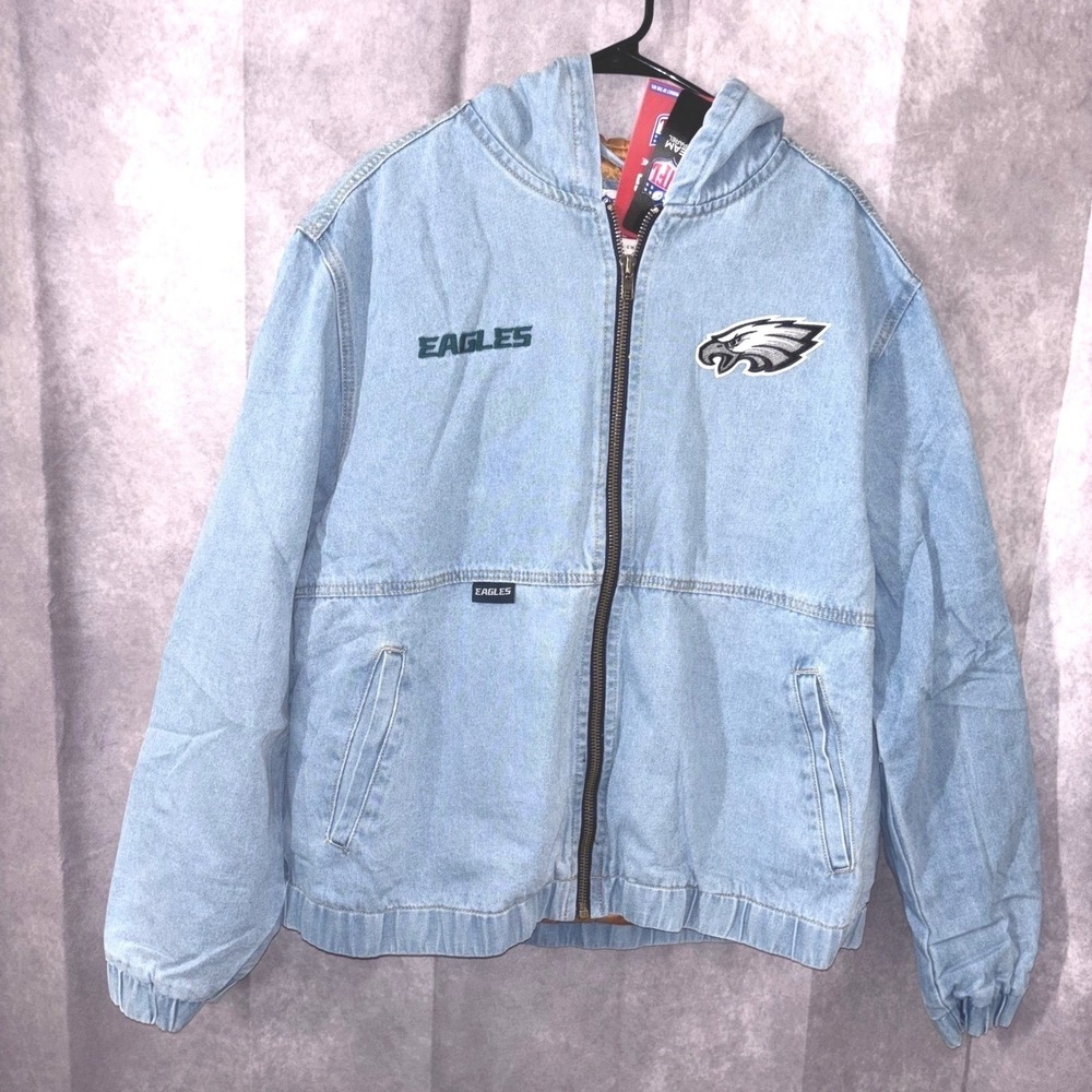 NWT NFL Philadelphia Eagles Blue Denim NFL Official Mens Large Heavy Hood Jacket